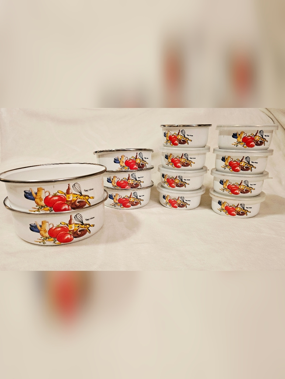 Vintage Rare Happy Kitchen Enamel Cookware Set w/ Lids Grannycore